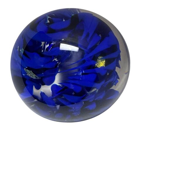 Cobalt Blue Striped Swirl Gold Flaked Glass Paperweight Bubbles - Artist Signed - Picture 3 of 14